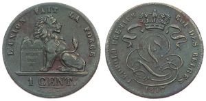 Belgium, Kingdom, Leopold I, 1 Centime Copper 1847, Seated lion with tablet, Morin 120, A.XF