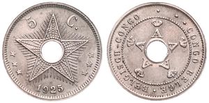 Belgian Congo, Colony, Albert I, 5 Centimes Copper-Nickel 1925, Center hole flanked by crowned monograms within beaded circle, KM 17, XF 
