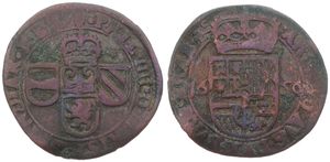 Spanish Netherlands, Philip IV, 1 Oord Copper 1656, Crowned title and three shields / Crowned arms, VH 653.AN - Antwerp, Fine