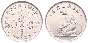 Belgium, Kingdom, Albert I, 50 Centimes Nickel 1930/20FL, Kneeling woman left, Morin 418a, XF
