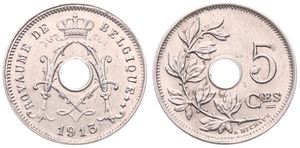 Belgium, Kingdom, Albert I, 5 Centimes Copper-Nickel 1913/10FR, Center hole within crowned monogram, Morin 355a, UNC