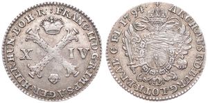 Austrian Netherlands, Franz II, 14 Liards Silver 1794(b), Burgundian cross divides value, KM 59 Brussels, VF
