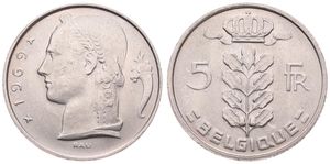 Belgium, Kingdom, Baudouin I, 5 Francs Copper-Nickel 1969FR, Head of Ceres left, Morin 570, UNC