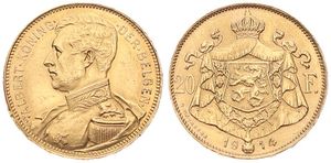 Belgium, Kingdom, Albert I, 20 Francs Gold 1914FL, Uniformed bust left, Morin 282a (Postion A), A.UNC (*)
