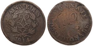 Belgium, Kingdom, Antwerpen (Siege of Antwerp), Louis XVIII, 10 Centimes Bronze 1814, Emergency issue - Wide LL Monogram within wreath - R below ribbon bow, KM 7.2, VG