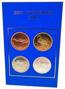 Belgium, Kingdom, Baudouin I, Official Annual Coin Set 1986 from the ZOO in Antwerp with 4 animal tokens, good for 10 entrances to the Zoo (still valuable), UNC in original blister