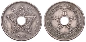 Congo Free State, Royal Domain, Leopold II, 5 Centimes Copper-Nickel 1908, Center hole flanked by crowned monograms within beaded circle, KM 9, XF