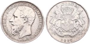 Congo Free State, Royal Domain, Leopold II, 5 Francs Silver 1896/4, Bearded head left, KM 8.1, RARE, Fine