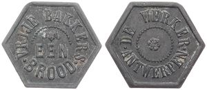 Belgium, Kingdom, Antwerpen, Token in Zinc ND, Een Brood - Vrije Bakkers / De Werker in Antwerpen, XF
