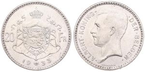 Belgium, Kingdom, Albert I, 20 Francs Silver 1933FL (Position B), Head left, Morin 306b, A.XF