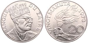 Zaire, Republic, 20 Makuta Copper-Nickel 1973, Bust of Mobutu right, KM 8, UNC