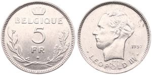 Belgium, Kingdom, Leopold III, 5 Francs Nickel 1937FR (Position B), Head left, Morin 453b, XF