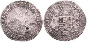 Spanish Netherlands, Philip IV, 1 Ducaton Silver 1665, Bust right within circle / Crowned arms with lion supporters within circle, VH 642.BS - Brussels, SCARCE DATE !, A.VF