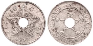 Belgian Congo, Colony, Albert I, 10 Centimes Copper-Nickel 1921, Center hole flanked by crowned monograms within beaded circle, KM 18, VF 