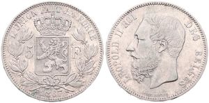 Belgium, Kingdom, Leopold II, 5 Francs Silver 1867, Bearded head left, Morin 154b, VARIETY WITH DOT AFTER F. & LARGE 7 IN DATE, VF