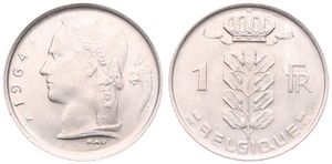 Belgium, Kingdom, Baudouin I, 1 Franc Copper-Nickel 1964FR, Head of Ceres left, Morin 618, UNC