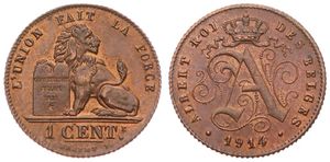 Belgium, Kingdom, Albert I, 1 Centime Copper 1914FR, Seated lion with tablet, Morin 319, SCARCE DATE, UNC