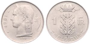 Belgium, Kingdom, Prince Charles, 1 Franc Copper-Nickel 1951FR, Head of Ceres left, Morin 529, UNC
