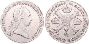 Austrian Netherlands, Franz II, 1 Kronenthaler Silver 1794(b), Laureate head right / Floriated cross with 3 crowns & Golden Fleece, KM 62.3 Brussels, A.VF