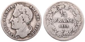 Belgium, Kingdom, Leopold I, 1/2 Franc Silver 1838, Laureate head left, Morin 31, SCARCE DATE, A.VF