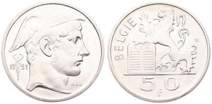 Belgium, Kingdom, Prince Charles, 50 Francs Silver 1951FL, Helmeted head of Mercurius right, Morin 515, UNC