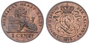 Belgium, Kingdom, Leopold II, 1 Centime Copper 1899FL, Seated lion with tablet, Morin 229, UNC