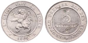 Belgium, Kingdom, Leopold I, 5 Centimes Copper-Nickel 1863, Rampant lion within circle left, Morin 139, VARIETY WITH BROKEN 3 IN DATE, UNC