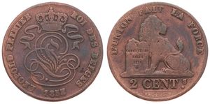 Belgium, Kingdom, Leopold I, 2 Centimes Copper 1858/57, Seated lion with tablet, Morin 106a, Fine
