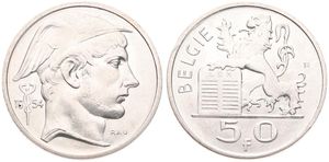 Belgium, Kingdom, Baudouin I, 50 Francs Silver 1954FL, Helmeted head of Mercurius right, Morin 541, UNC