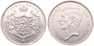 Belgium, Kingdom, Albert I, 20 Francs (4 Belgas) Nickel 1932FL (Position B), Head left, Morin 379b, XF