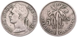 Belgian Congo, Colony, Albert I, 50 Centimes Copper-Nickel 1922, Laureate head of the King left, KM 23 Flemish Legend, VF