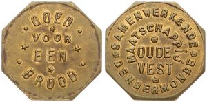 Belgium, Kingdom, Dendermonde, Token in Brass ND, Goed voor een Brood / Samenwerkende Maatschappij Oude Vest Dendermonde, XF