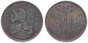 Belgium, Kingdom, Prince Charles, 1 Franc Zinc 1947FL/FR, Rampant lion left on shield, Morin 535, SCARCE KEY DATE, XF