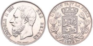 Belgium, Kingdom, Leopold II, 5 Francs Silver 1873, Bearded head left, Morin 160, A.XF