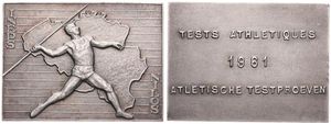 Belgium, Kingdom, Baudouin I, Medal in Copper-Nickel 1961 by Ineps - Nilos, Tests Athlétiques - Atletische Testproeven, Javelin Thrower - Belgian Map, Legend in 3 lines, XF