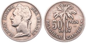 Belgian Congo, Colony, Albert I, 50 Centimes Copper-Nickel 1929/28, Laureate head of the King left, KM 23 Flemish Legend, RARE KEY DATE & OVERSTRIKE in VF (slightly cleaned)