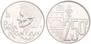 Belgium, Kingdom, Albert II, 250 Francs Silver 1997, 60th Birthday of Queen Paola, Morin 974, UNC