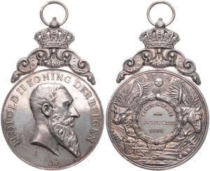 Belgium, Kingdom, Leopold II, Medal in White metal 1909 by Baetes, Landbouwcomice Beveren Waes, Head of Leopold II right / Ox, Horse and agriculture objects, XF