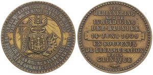 Belgium, Kingdom, Leopold II, Medal in Bronze 1909 by J. Baetes, Gemeenschappelijke verzekeringskas van bouwwerk, handel en nijverheid te Antwerpen, Inhuldiging van de kliniek, XF