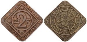 Belgium, Kingdom, Gent, 2 Franken Brass Plated Iron 1915, Emergency Issue - Rampant Lion within circle / Legend : Uitbetaalbaar op 1 januari 1918, KM Tn4 (Thin Lion), XF