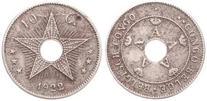 Belgian Congo, Colony, Albert I, 10 Centimes Copper-Nickel 1922/1, Center hole flanked by crowned monograms within beaded circle, KM 18, VF 