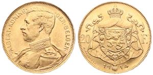 Belgium, Kingdom, Albert I, 20 Francs Gold 1914FL, Armored bust left / Crowned arms, Morin 282b Position B !, SCARCE, A.UNC (*)