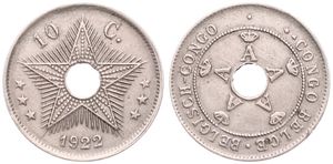 Belgian Congo, Colony, Albert I, 10 Centimes Copper-Nickel 1922, Center hole flanked by crowned monograms within beaded circle, KM 18, XF 