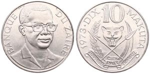 Zaire, Republic, 10 Makuta Copper-Nickel 1973, Bust of Mobutu right, KM 7, UNC