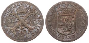 Spanish Netherlands, Charles II, 1 Stuiver Silver 1700, Crown above cross with Golden Fleece / Crowned arms from Luxembourg, VH 727.AN - Antwerp, VERY RARE TYPE !, VF 