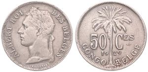 Belgian Congo, Colony, Albert I, 50 Centimes Copper-Nickel 1929, Laureate head of the King left, KM 22 French Legend, VF