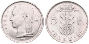 Belgium, Kingdom, Baudouin I, 5 Francs Copper-Nickel 1965FL, Head of Ceres left, Morin 563, UNC