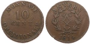 Belgium, Kingdom, Antwerpen (Siege of Antwerp), Louis XVIII, 10 Centimes Bronze 1814, Emergency issue - Wide LL Monogram within wreath, KM 7.1, VF