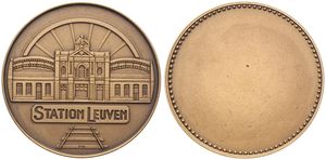Belgium, Kingdom, Albert II, Medal in Bronze 2006, 40th Coin Fair EGMP Leuven, View on the Railway Station Building / Uniface reverse !, GMJ 2006/509c, SCARCE, UNC