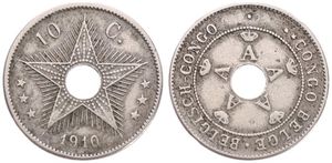 Belgian Congo, Colony, Albert I, 10 Centimes Copper-Nickel 1910, Center hole flanked by crowned monograms within beaded circle, KM 18, VF 
